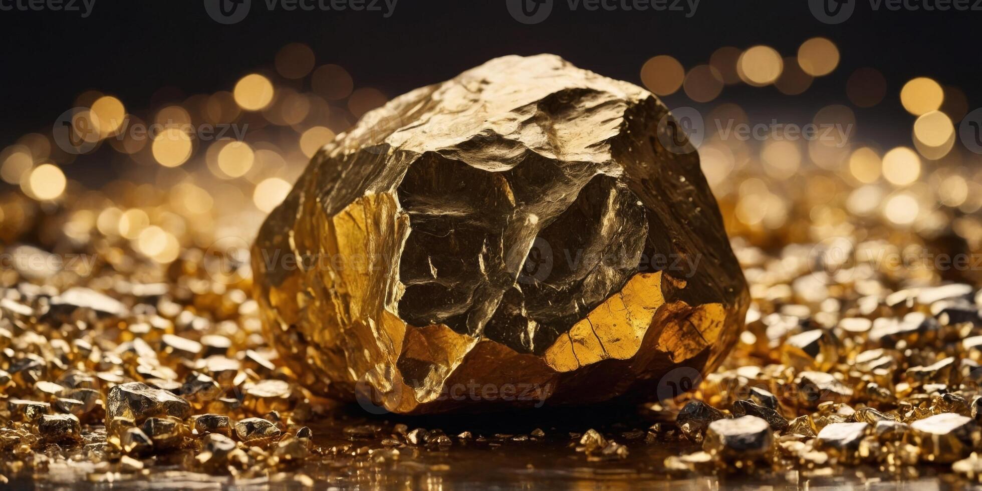 A large gold rock sits on a pile of gold. photo
