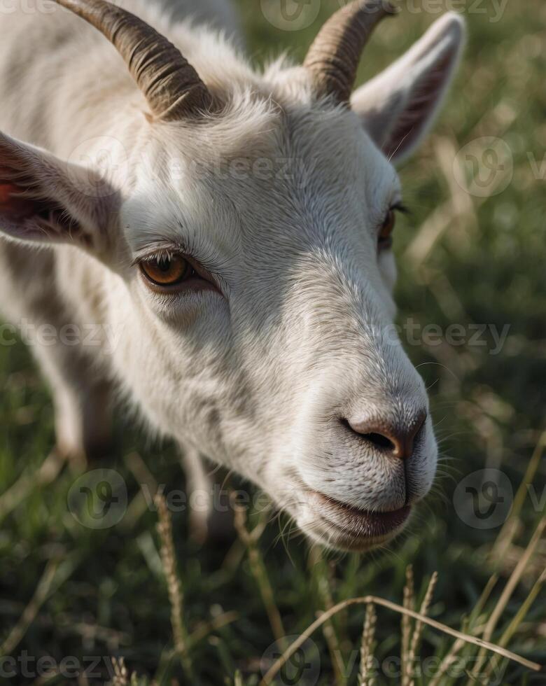 Closeup of a goat grazing grass in the field. photo