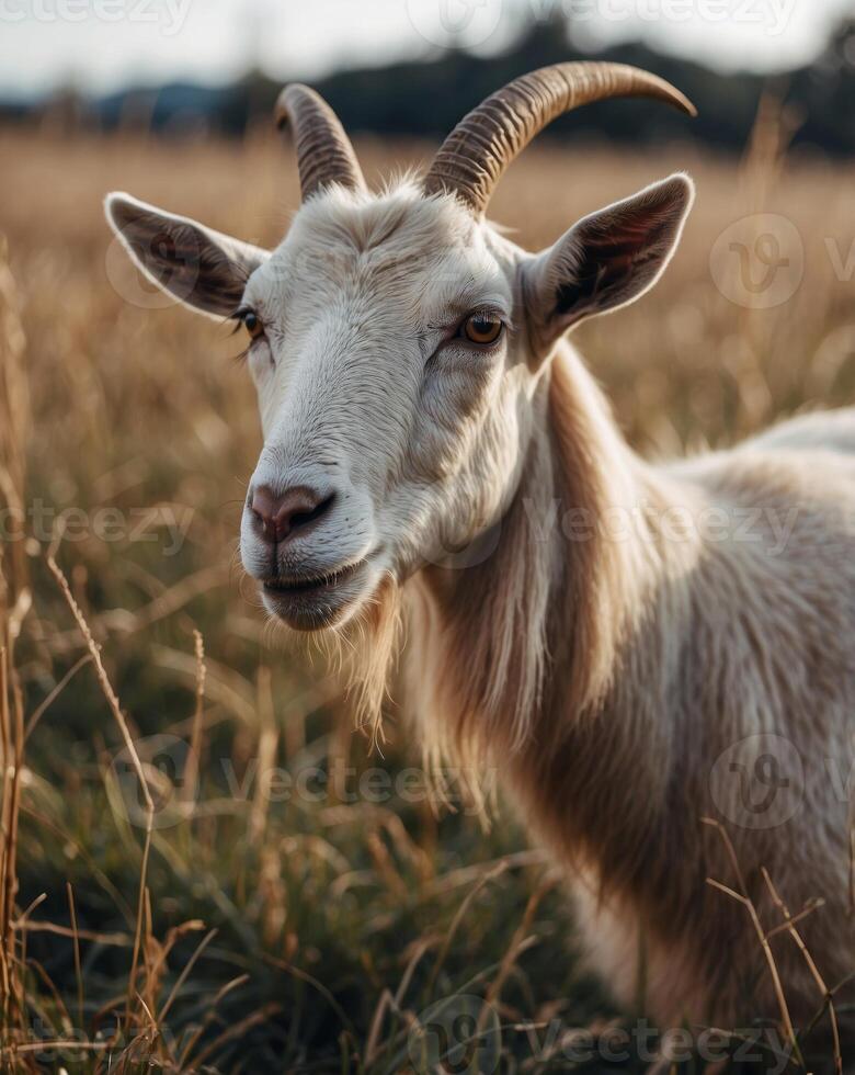 Closeup of a goat grazing grass in the field. photo