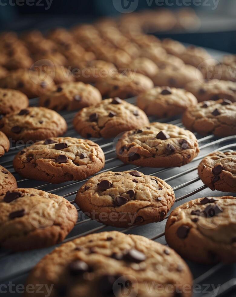 Rows of freshly baked chocolate chip cookies cooling on a conveyor belt in a cookie factory. photo