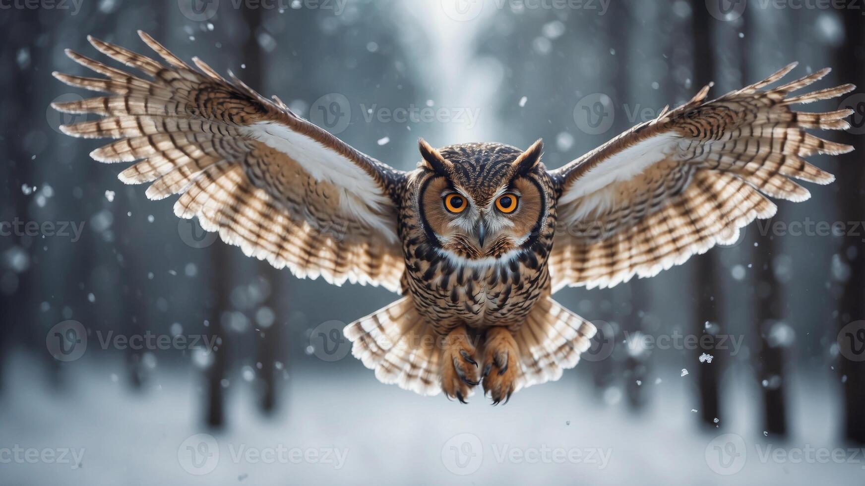Owl flying through snowfall wings spread forest background dynamic and wintry. photo