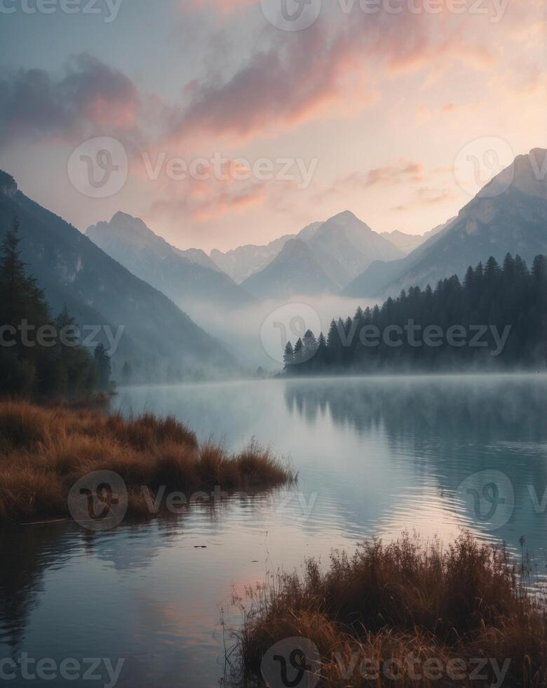 Morning mist rising from a lake surrounded by peaks. photo