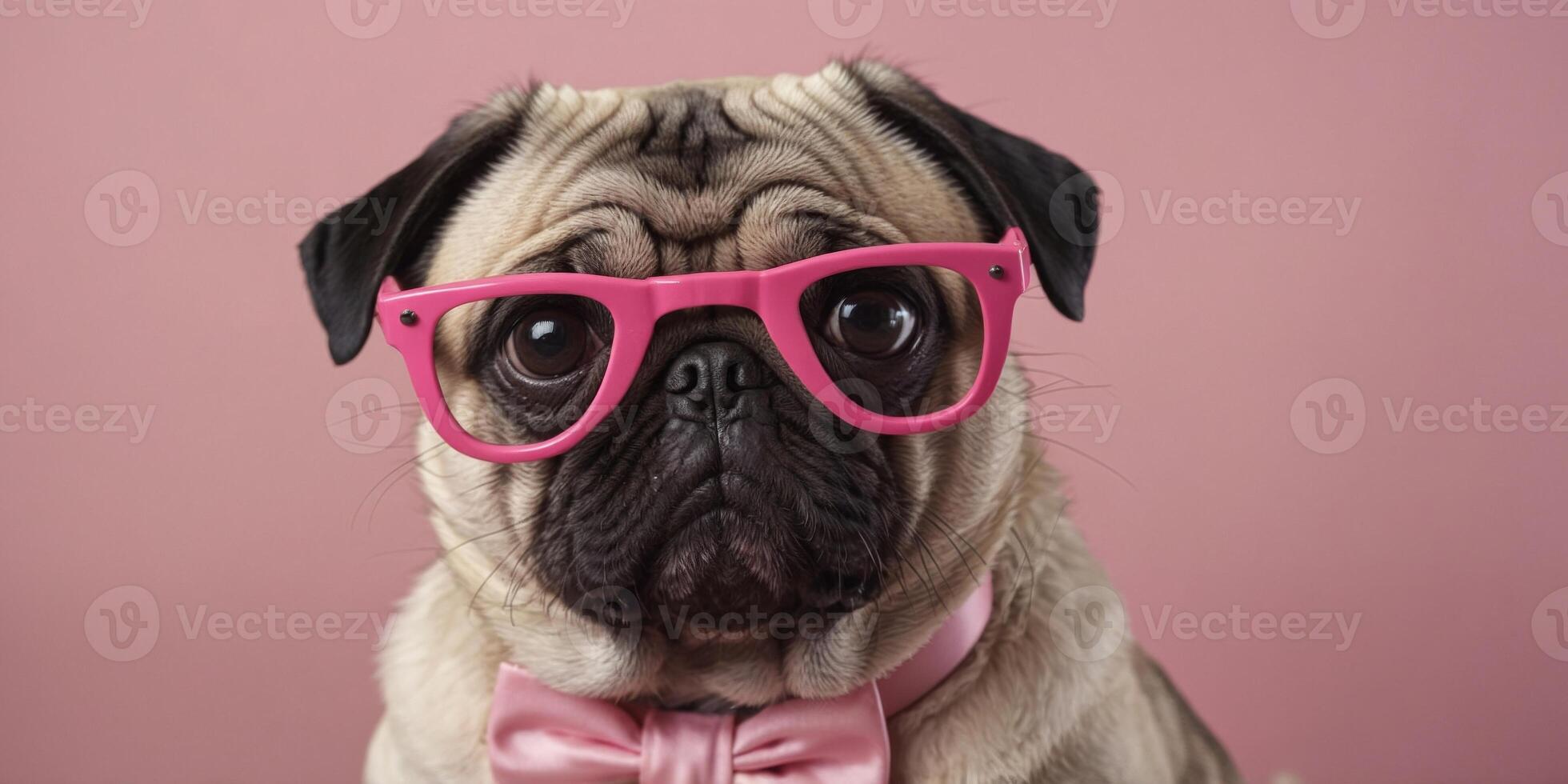 Cute Pug Wearing Pink Glasses and Bow Tie on Pink Background. photo