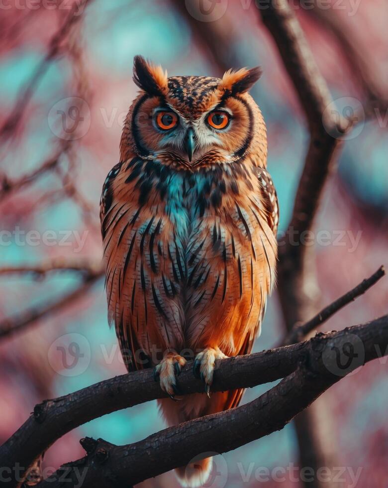 A colorful owl is sitting on a branch in the style of neon colors. photo
