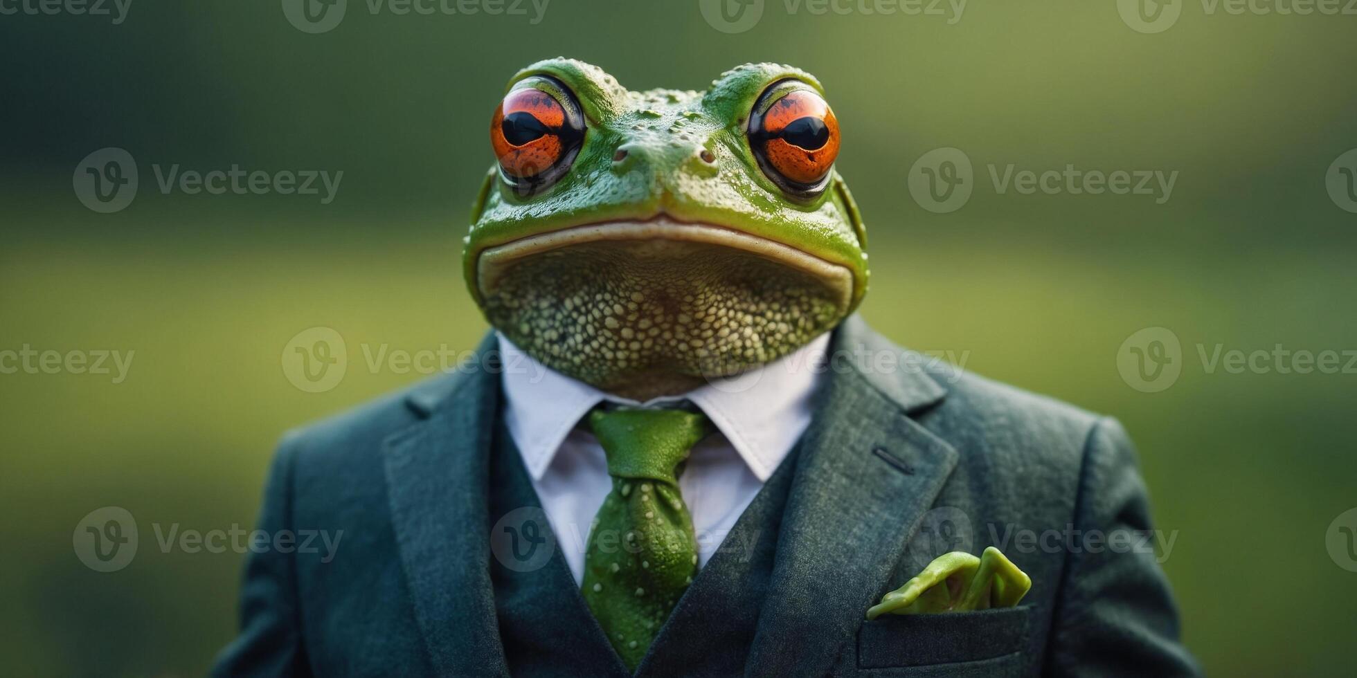 Funny frog in a suit and glasses on a green background. photo