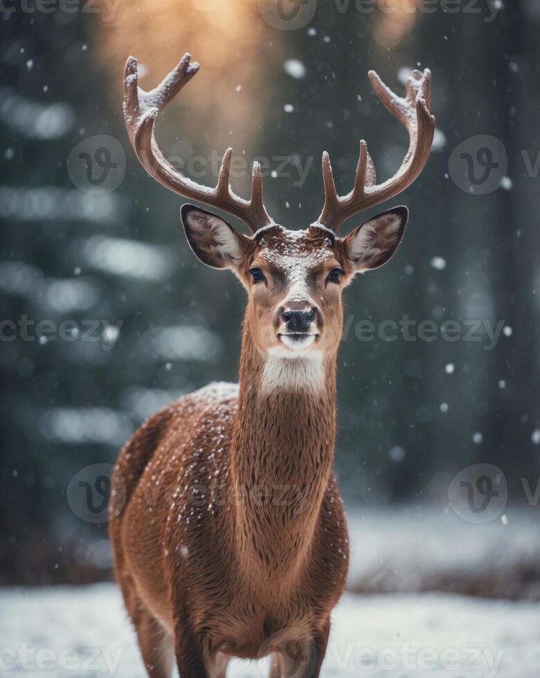 Charming Animated Deer in Winter Attire with Snowfall. photo