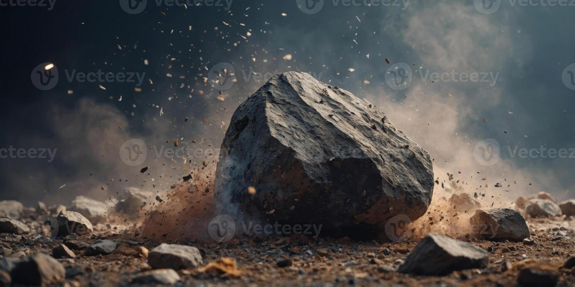 A large rock is surrounded by a cloud of dust and debris. photo