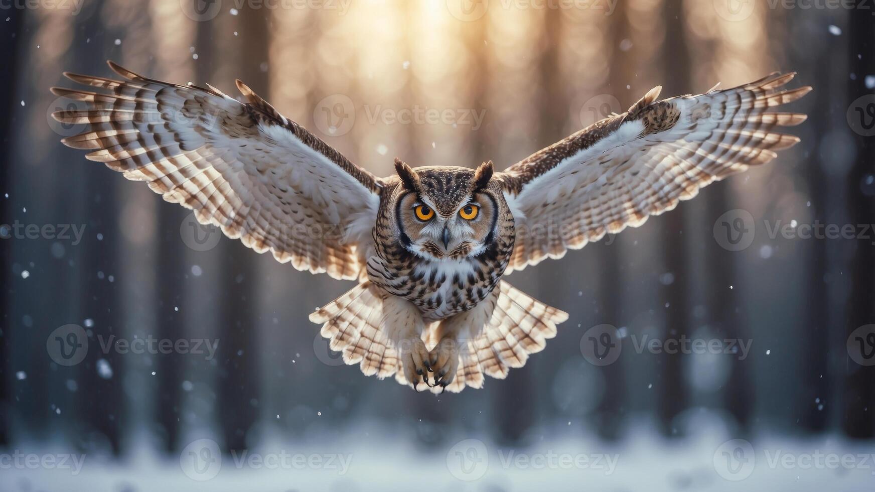 Owl flying through snowfall wings spread forest background dynamic and wintry. photo