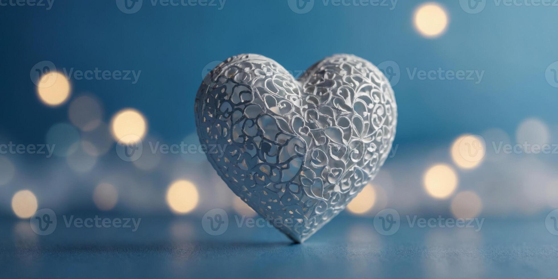 A white heart is in the middle of a blue background. photo