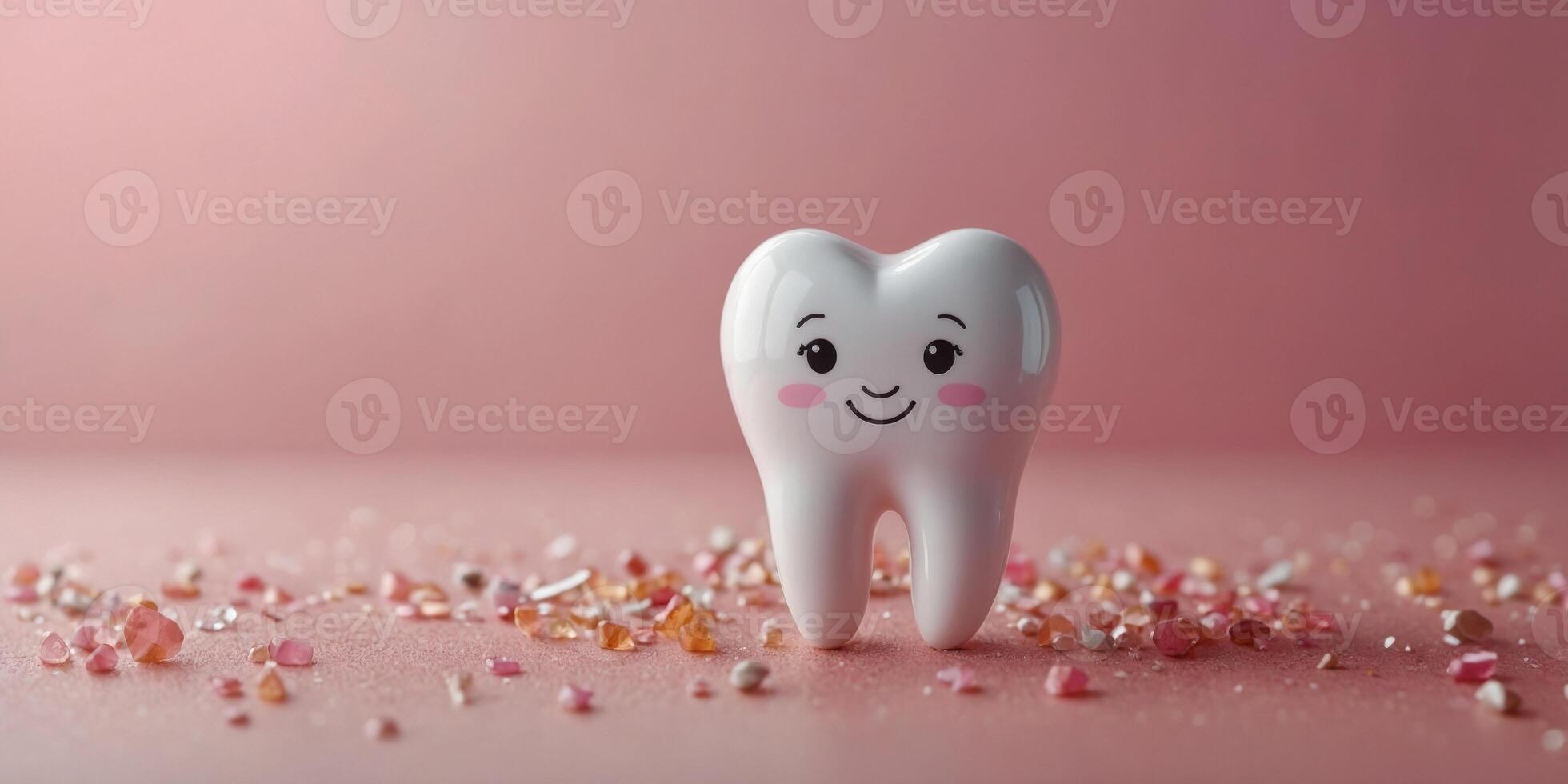 Tooth character model mockup on pink background cute dental concept. photo