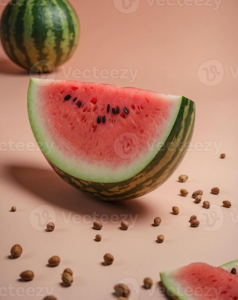 Fresh Watermelon Slice with Seeds on Pastel Background for Minimalist Summer Design. photo