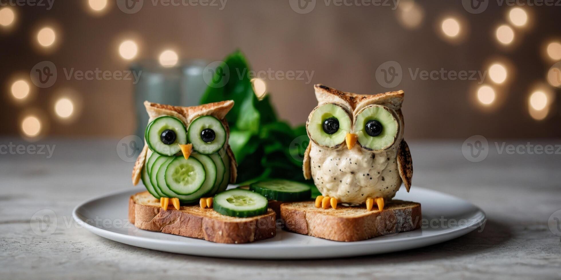 Funny owls toast with cucumber and hummus toasts. photo