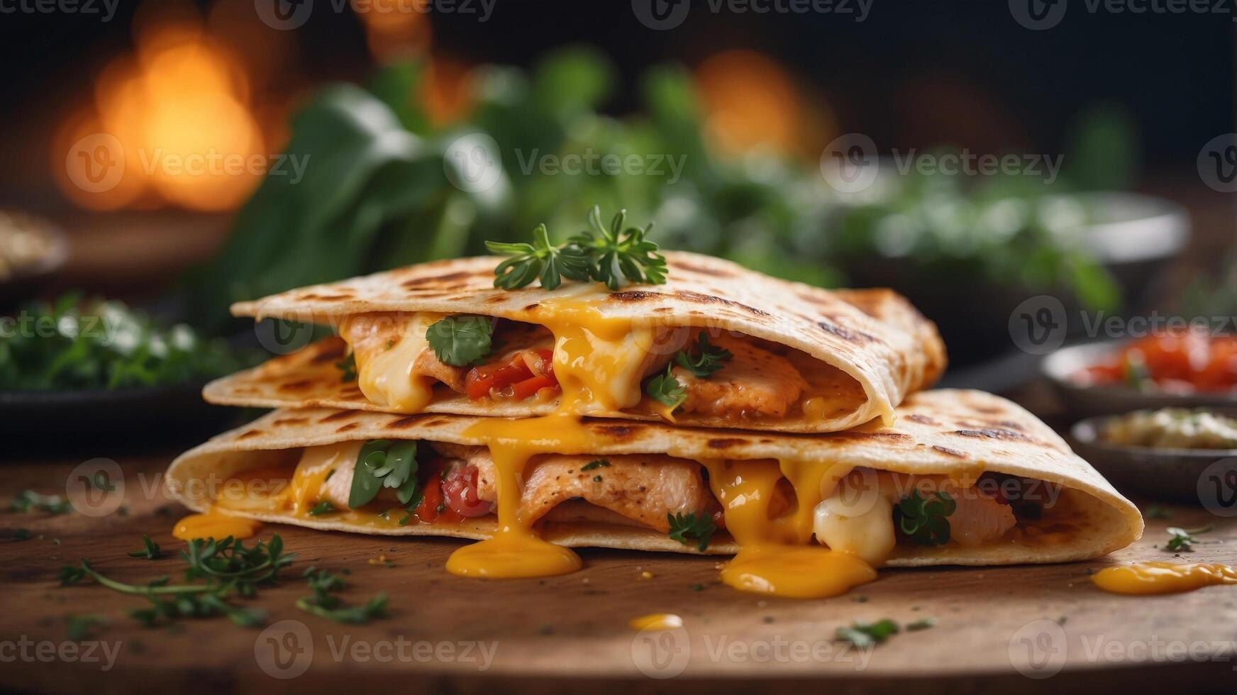 Grilled Chicken Quesadilla with Melted Cheese and Herbs. photo