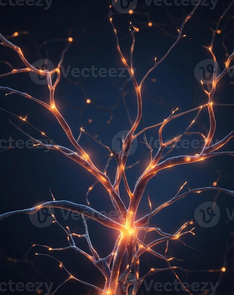 A drawing of a neuron with lights on dark blue background. photo