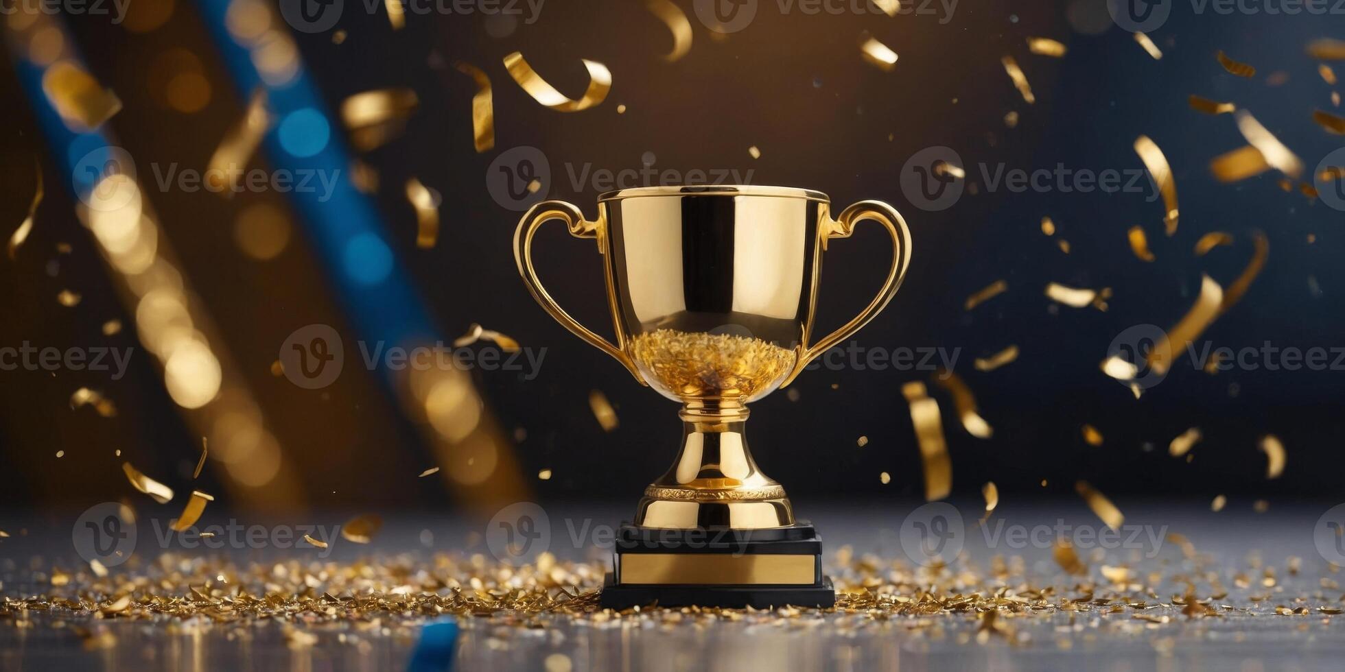A gold trophy is on a table with confetti falling around it. photo
