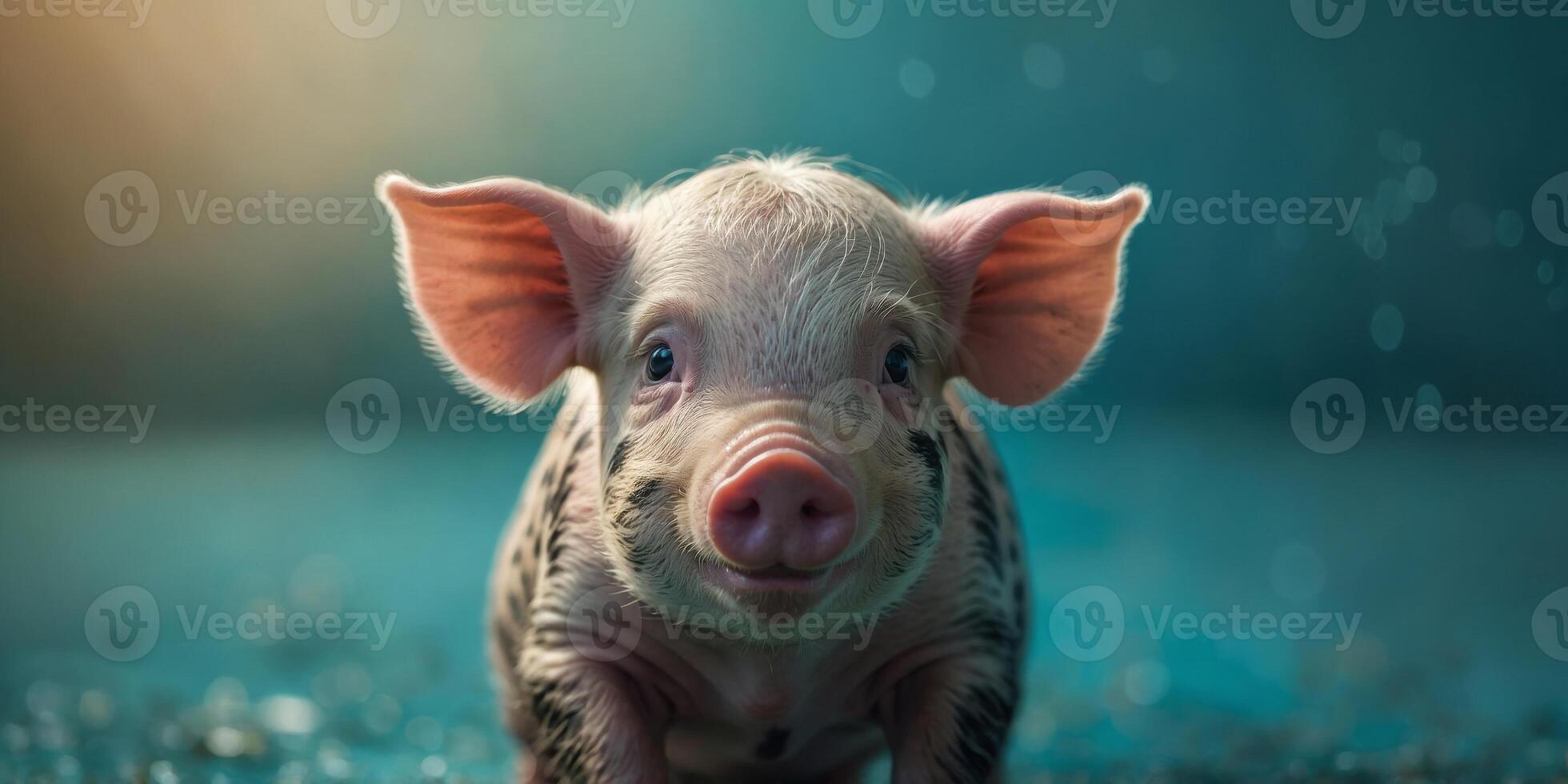 Cute Piglet Peeking Over Turquoise Background. photo