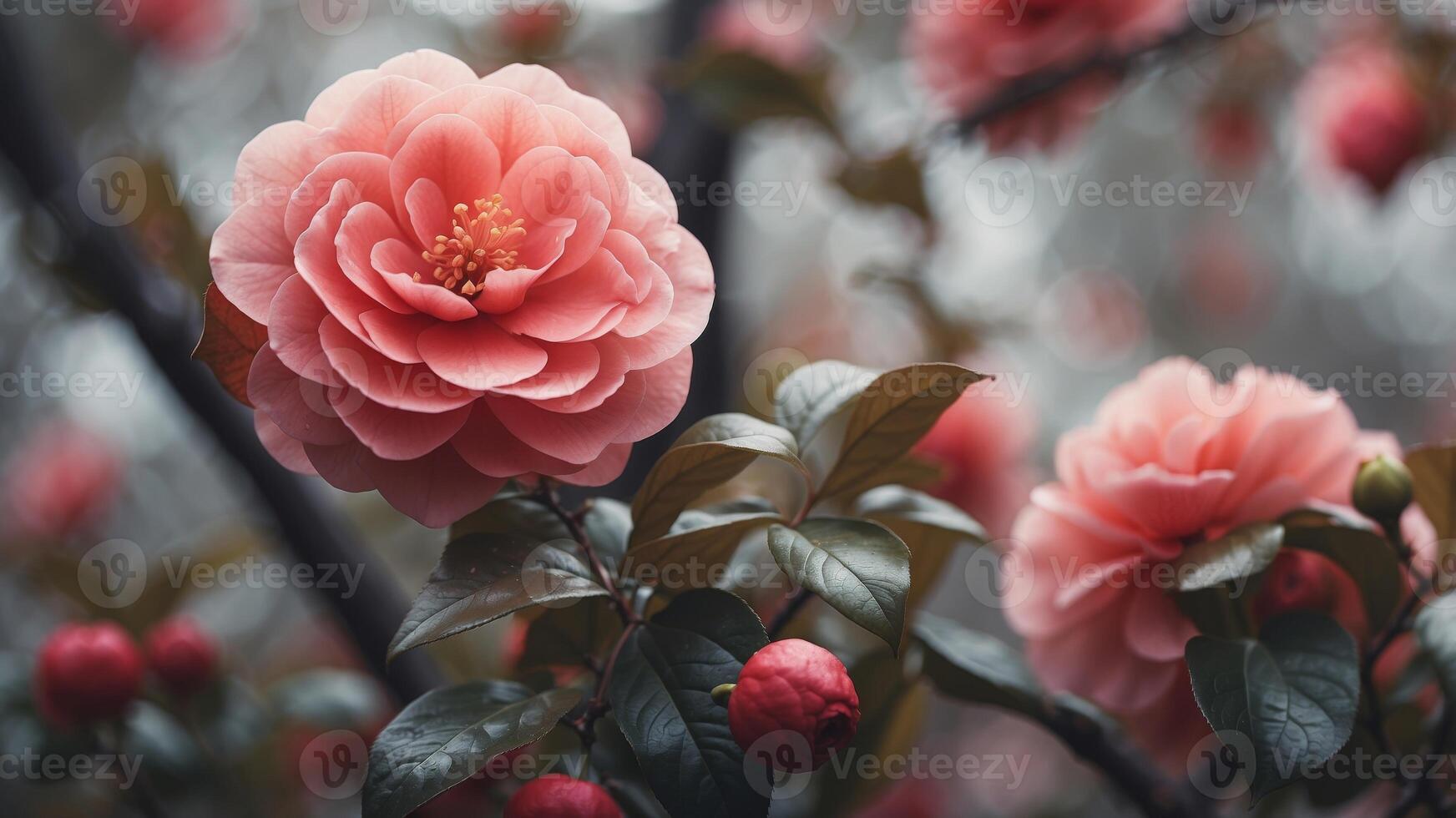 Serene Camellia in Bloom Amidst Autumn Leaves. photo