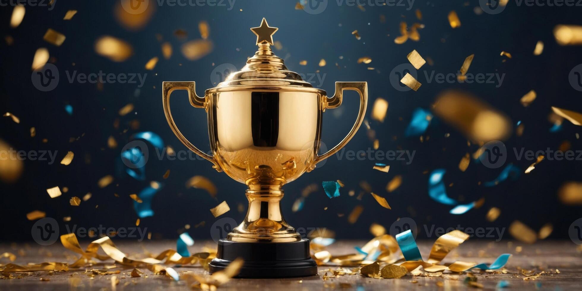 A gold trophy is sitting on a table with confetti around it. photo