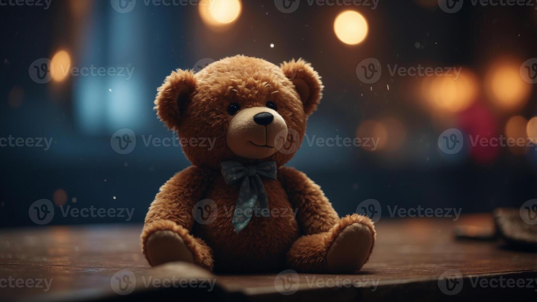 Lonely Teddy Bear in Dark Room Symbolizing Solitude and Nostalgia. photo