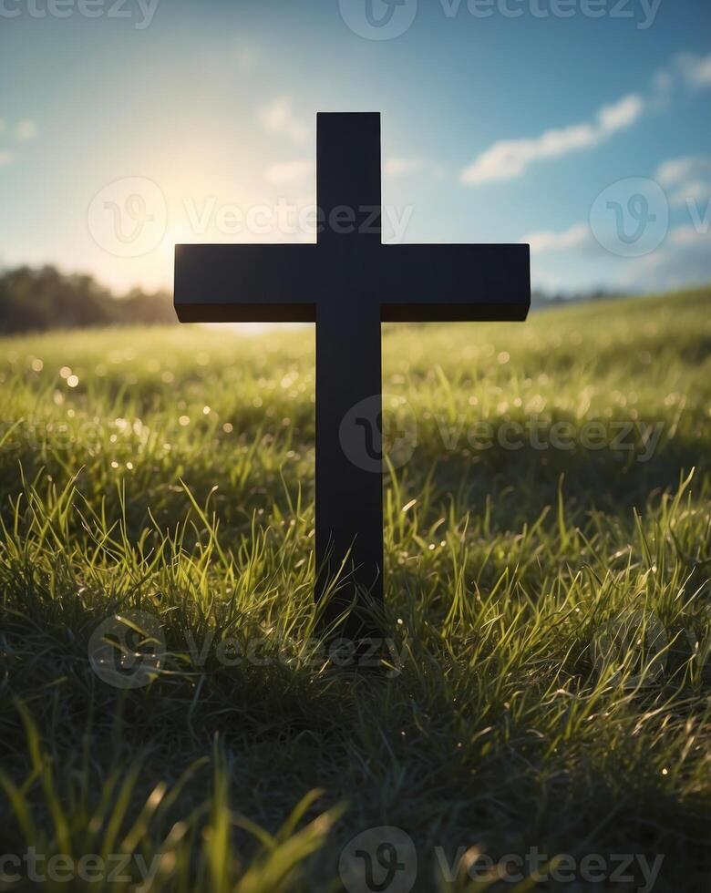 Concept conceptual black cross religion symbol silhouette in grass. photo