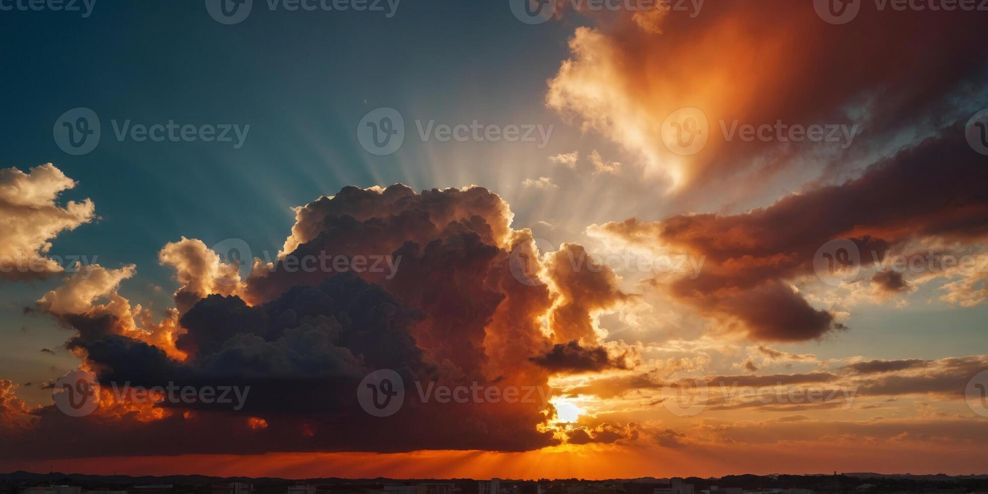 A large cloud of orange and red clouds with a bright sun in the middle. photo