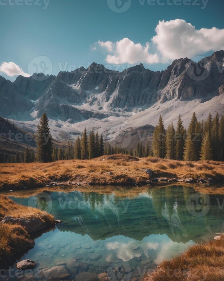 Pristine alpine lake reflecting surrounding peaks. photo