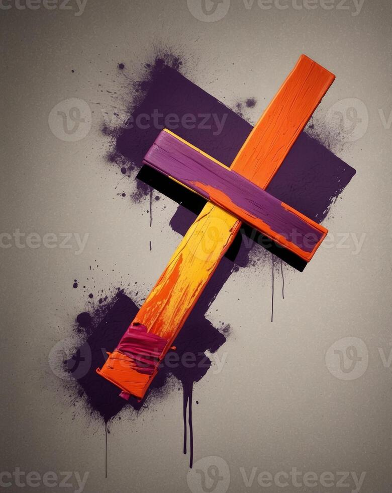 scratched brush stroke cross on distressed background in bright orange red yellow purple. photo