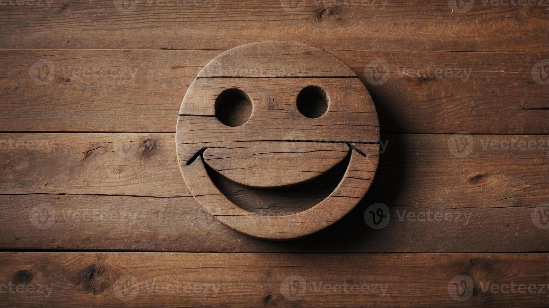 Rustic Wooden Smiley Face on Weathered Wooden Surface. photo