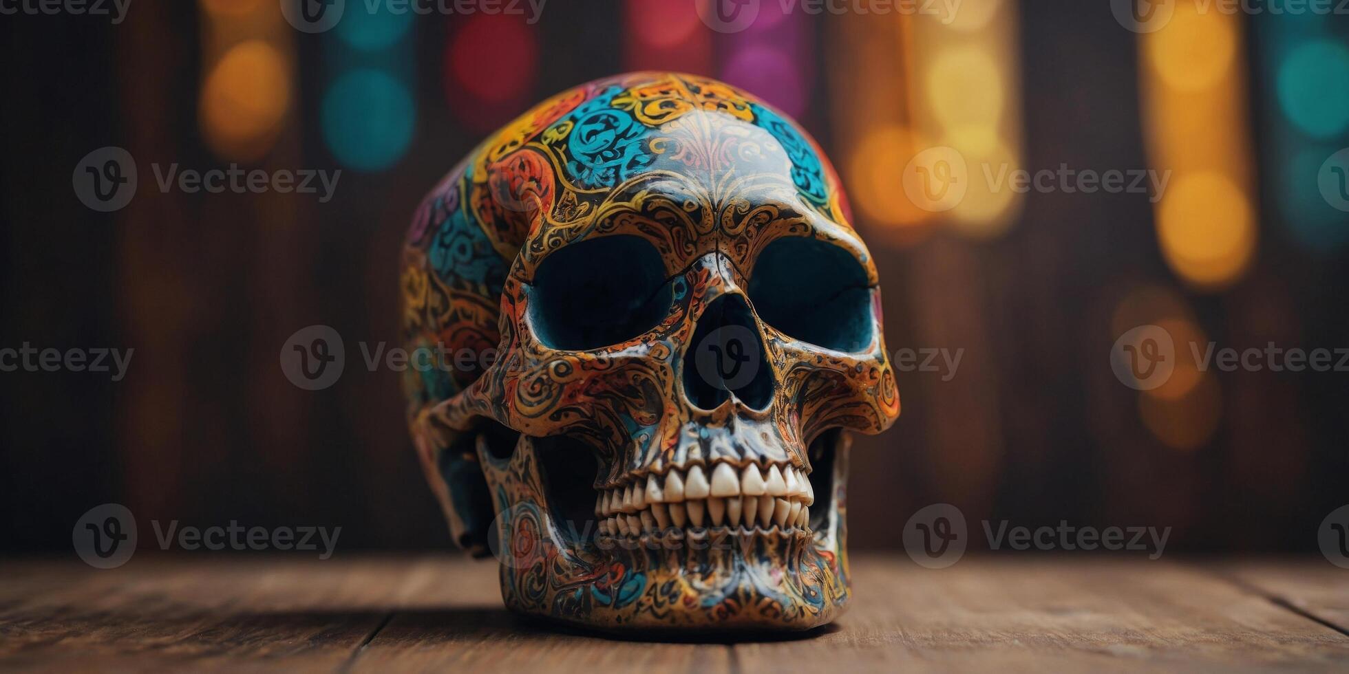 A skull with colorful designs sits on a wooden table. photo