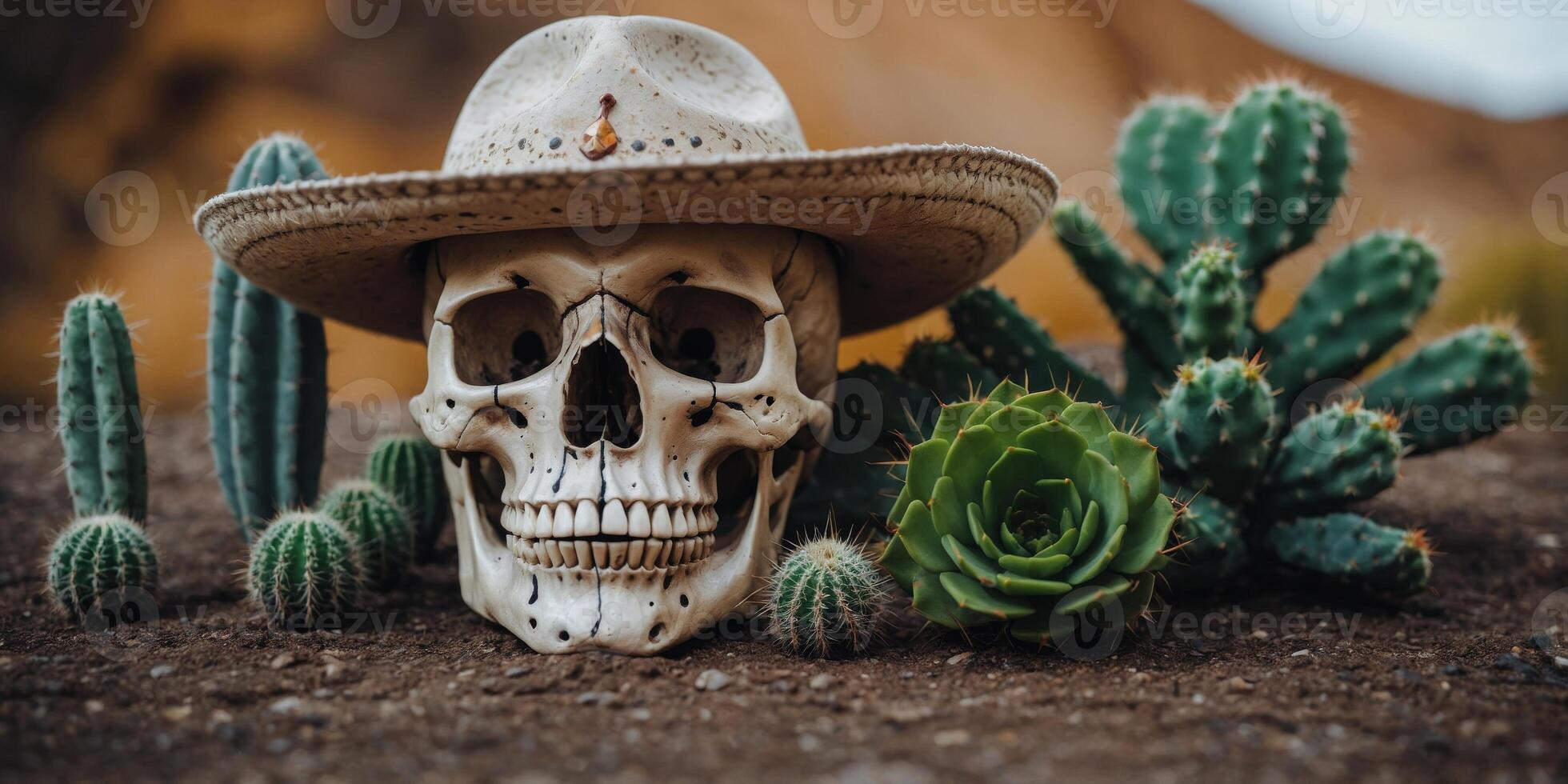 A skull with a sombrero and a cactus next to it. photo