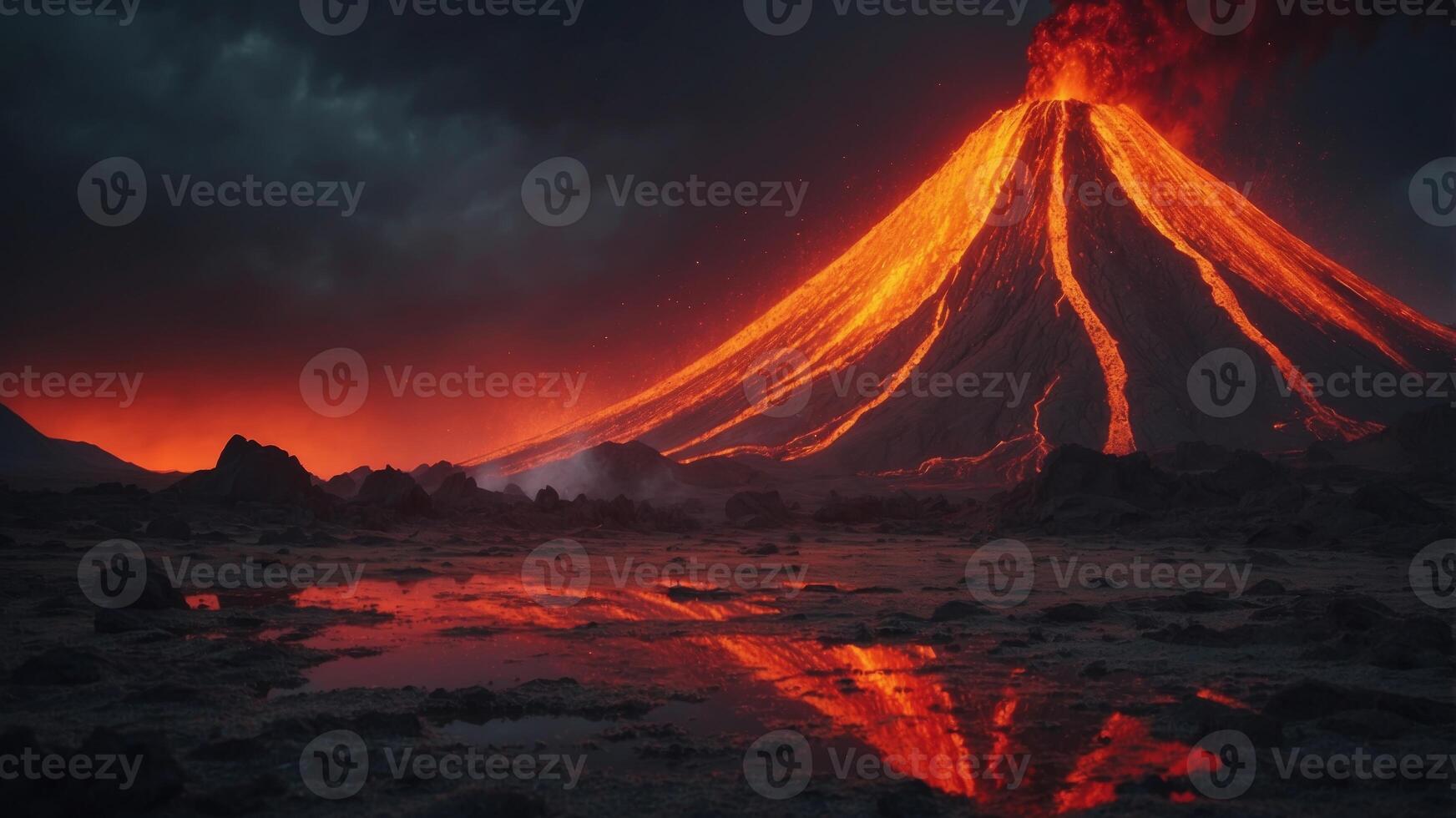 Volcanic eruption with glowing lava flows. photo