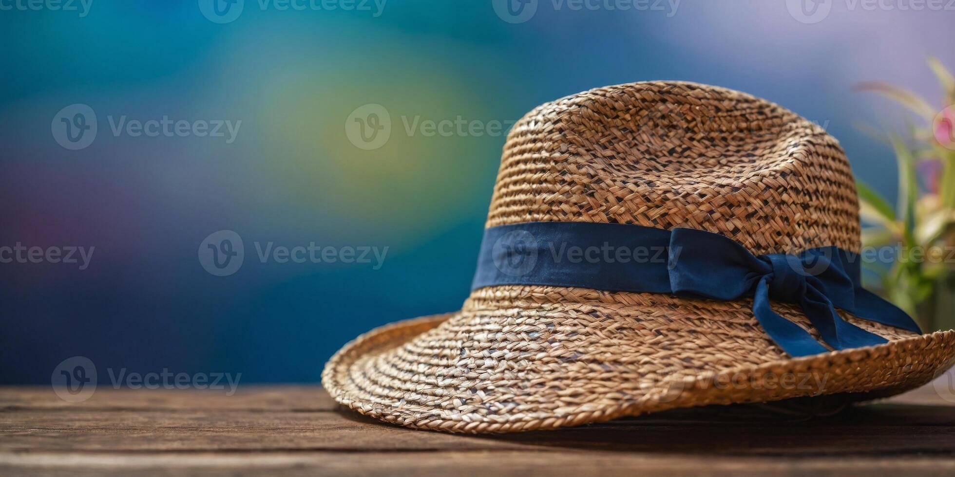 A colorful straw hat with a blue background. photo