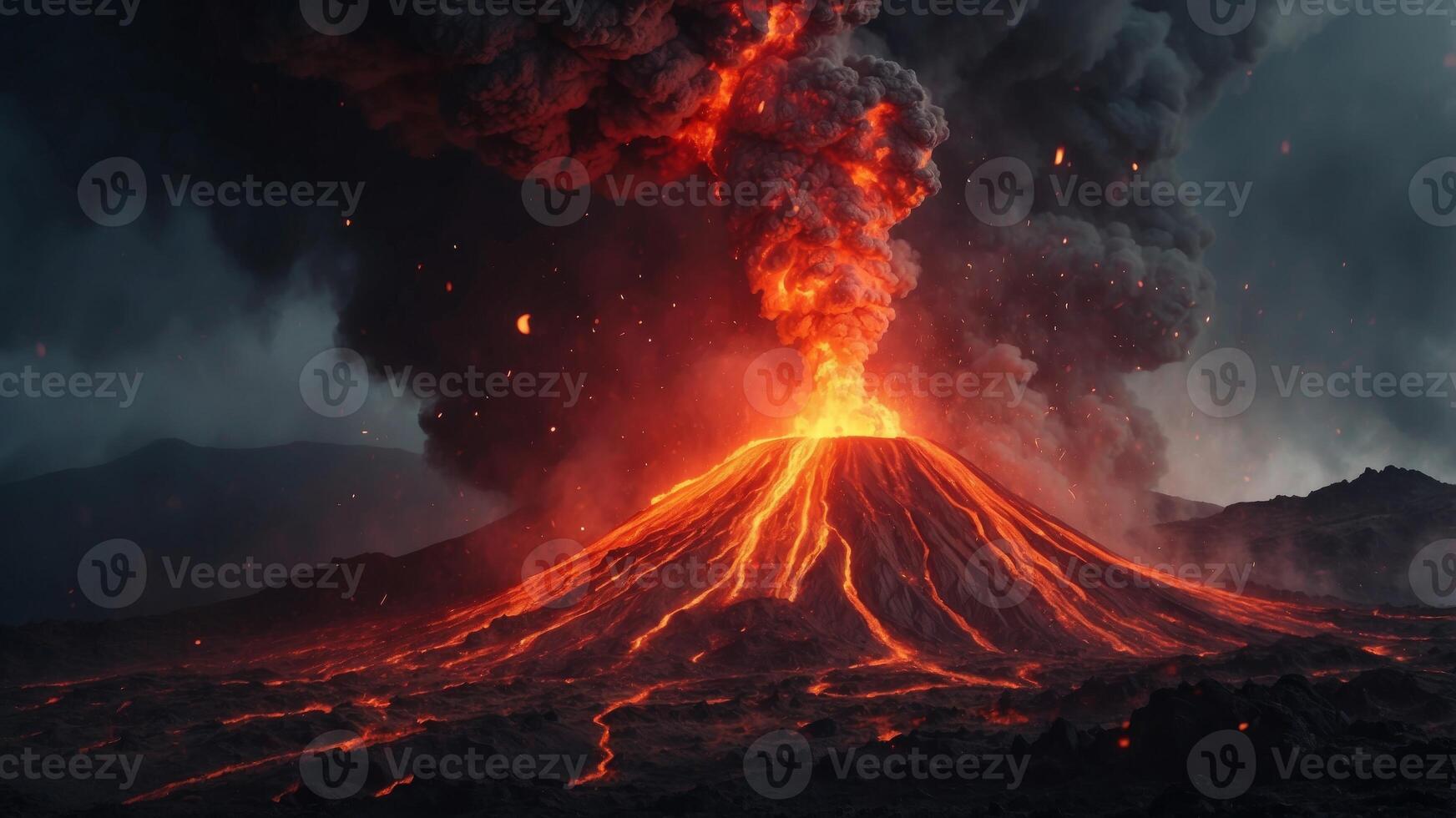 Volcanic eruption with glowing lava flows. photo
