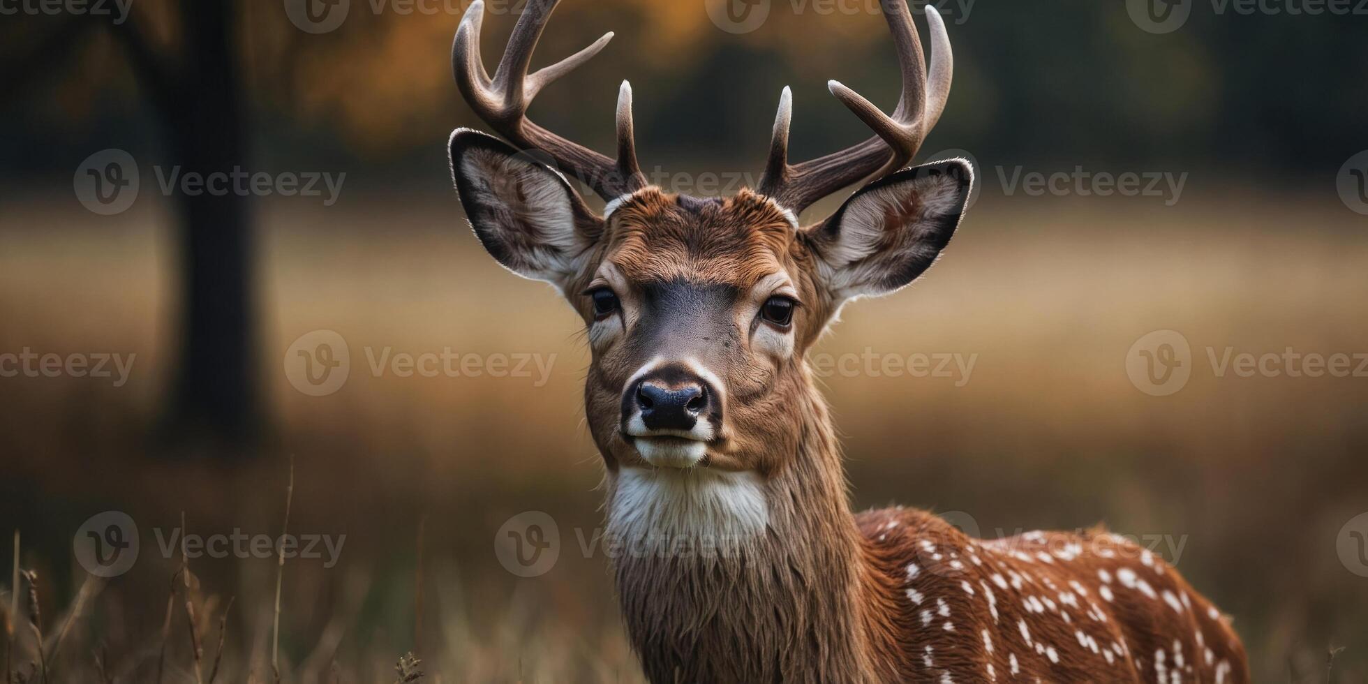 A deer with white spots on its face is standing in a field. photo