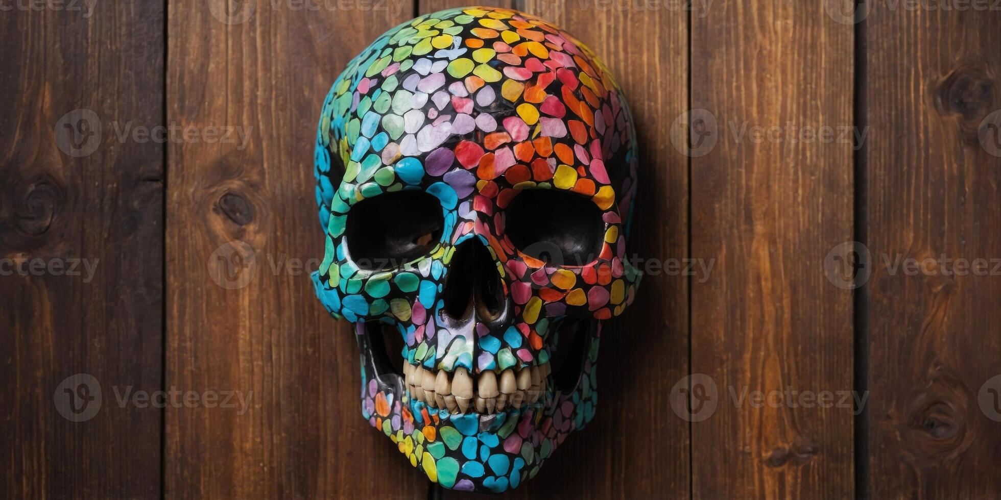 A colorful skull banner hangs on a wooden wall. photo