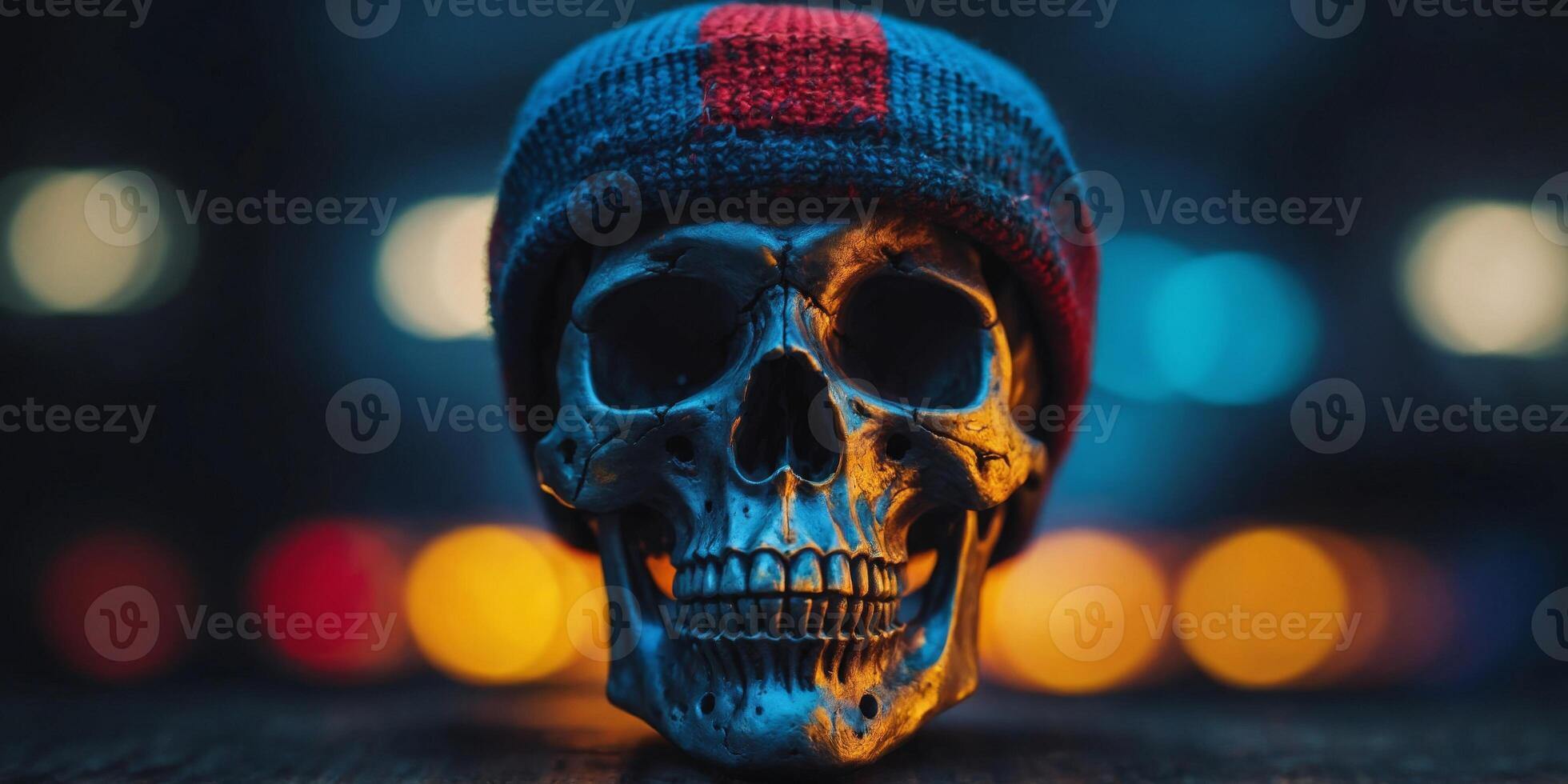 blue skull with a red and yellow hat on top of it. photo
