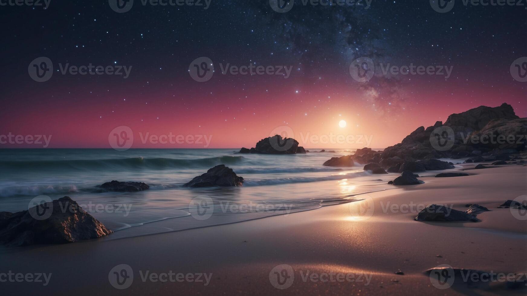 Serene Moonlit Beach with Starry Sky Reflection. photo