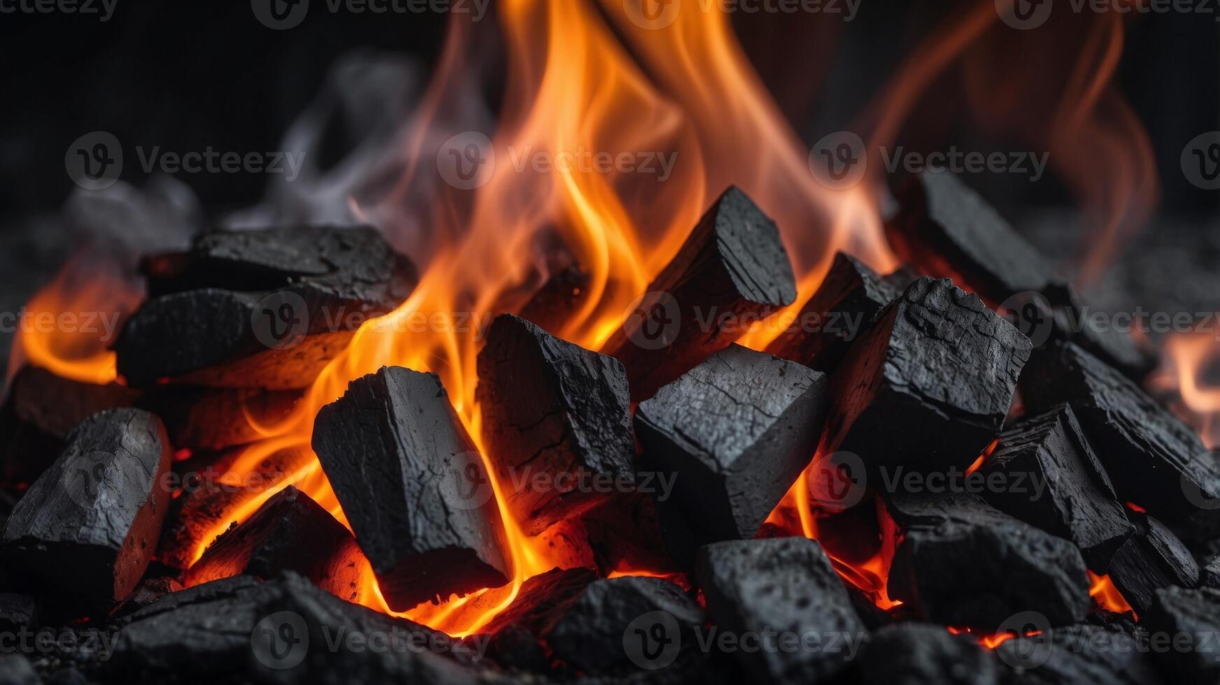 A close up of a fire burning in a pile of charcoal. photo