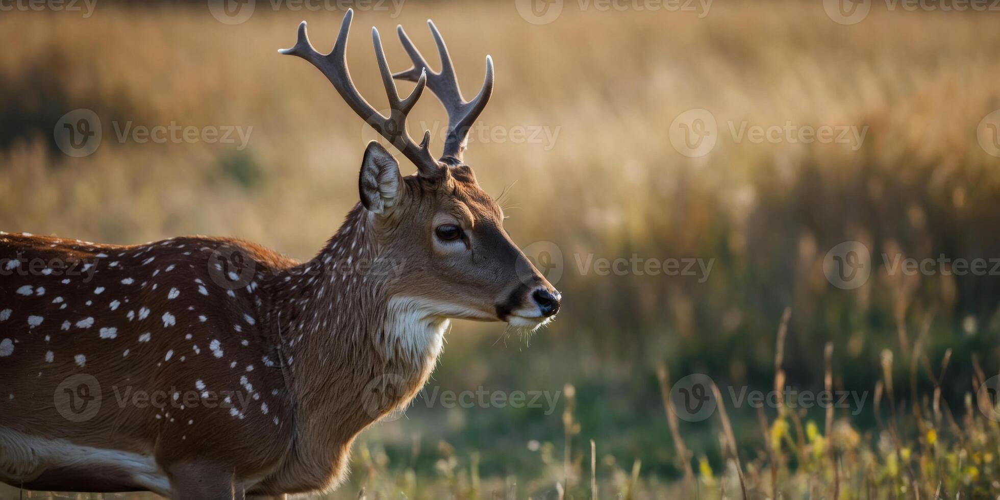 A deer with white spots on its face is standing in a field. photo