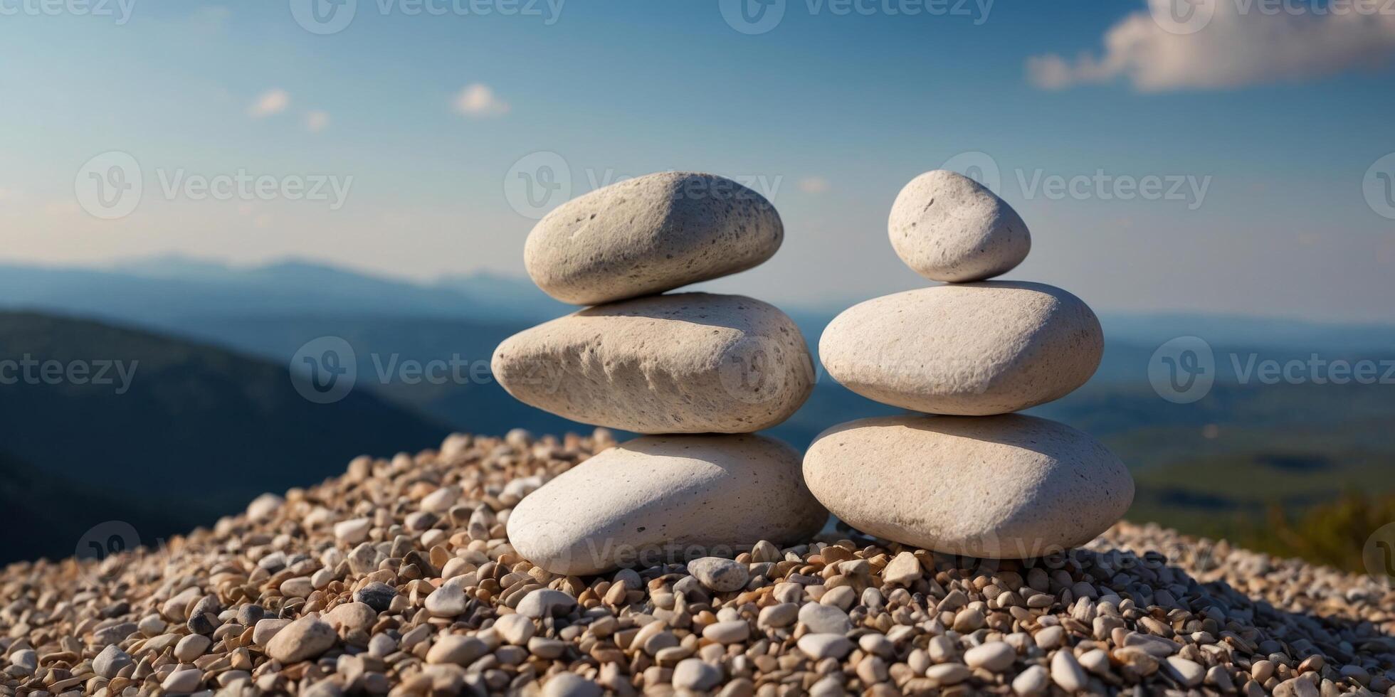 Three white rocks are stacked on top of each other on a gravel path. photo