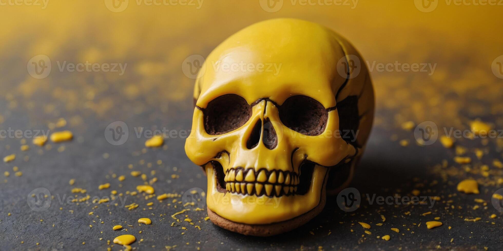 A skull cookie is sitting on a yellow background. photo