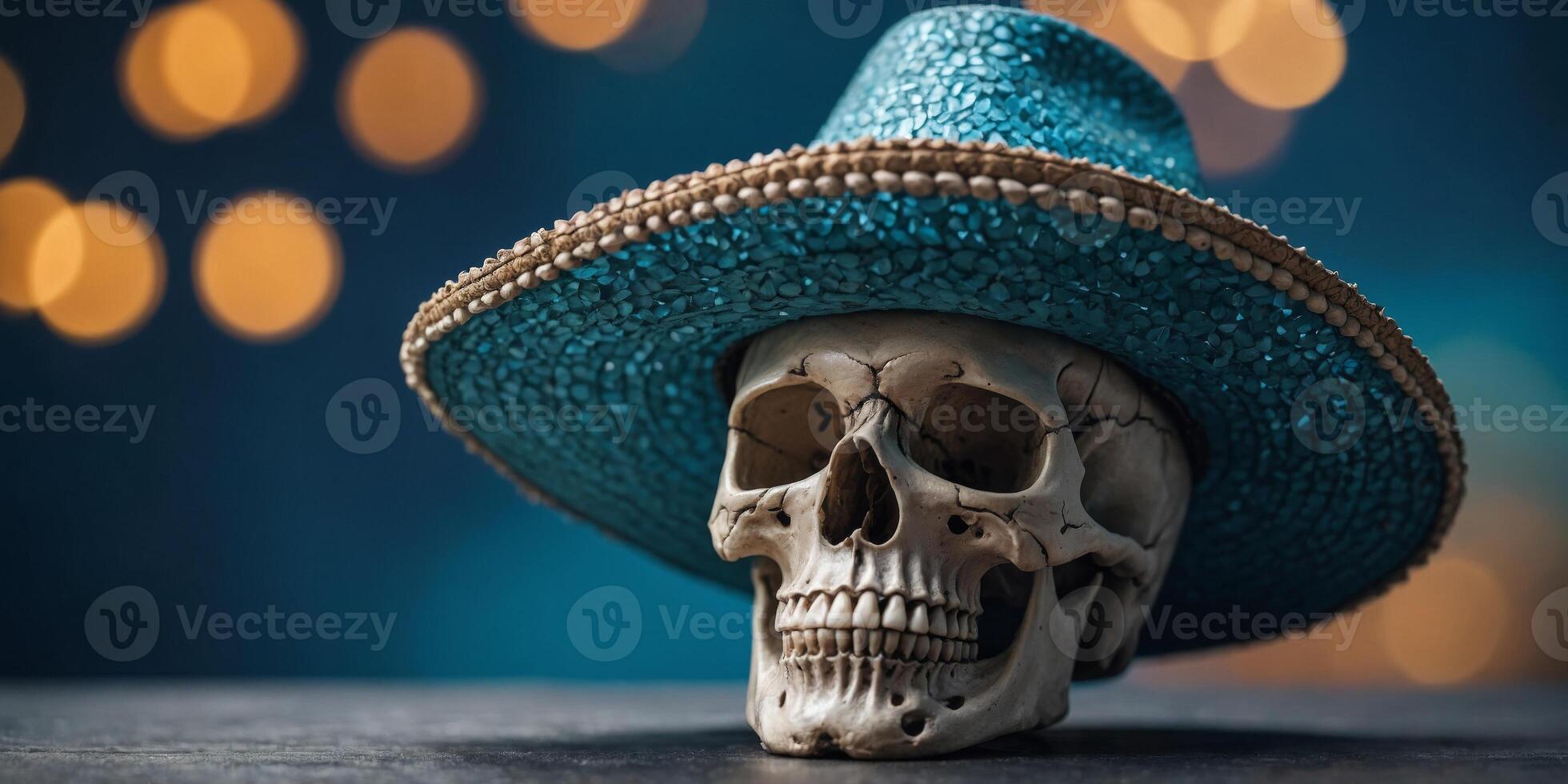 A skull with a sombrero on top of a blue background. photo