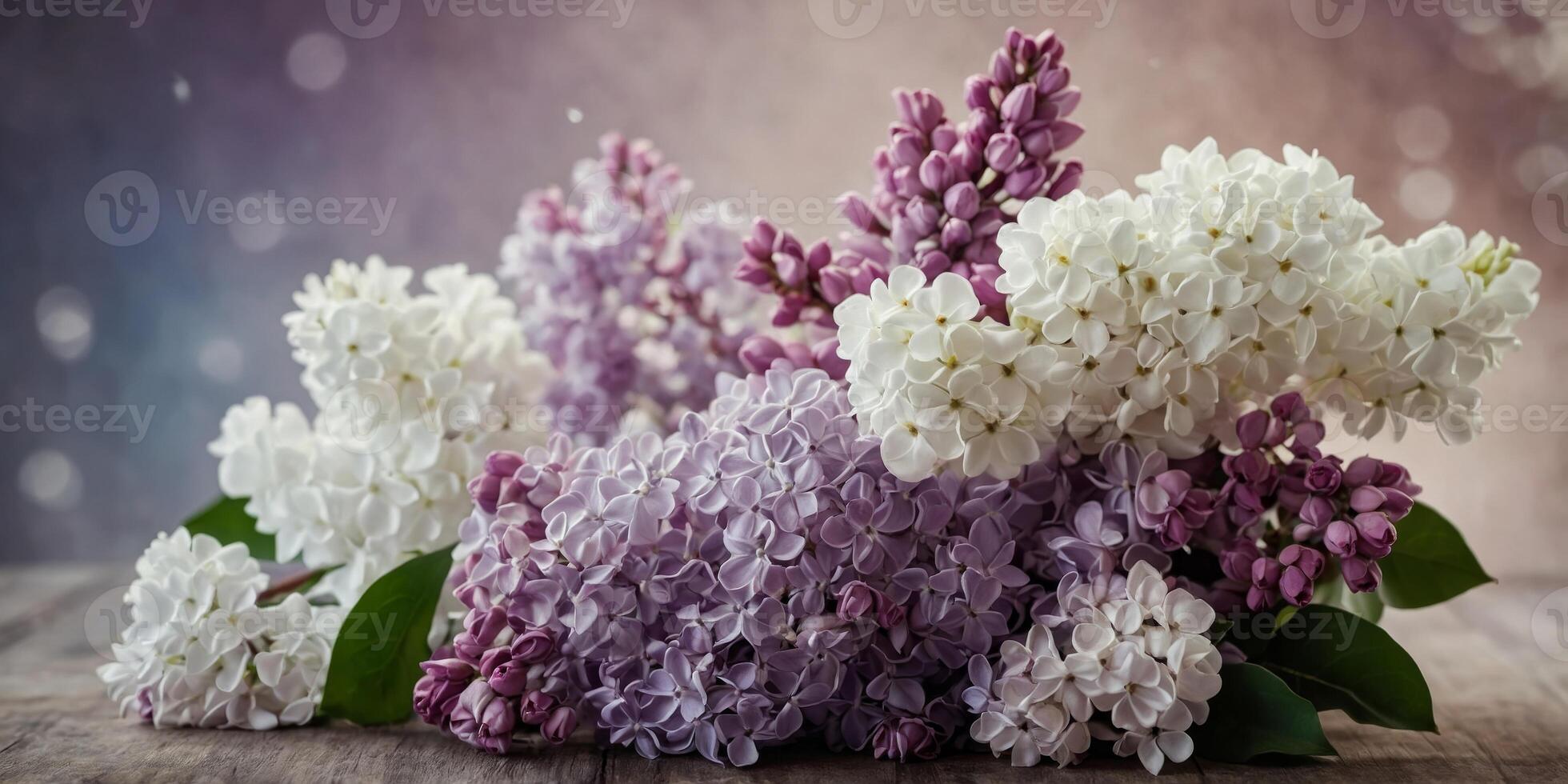 Bunches of white and purple lilac and roses. photo