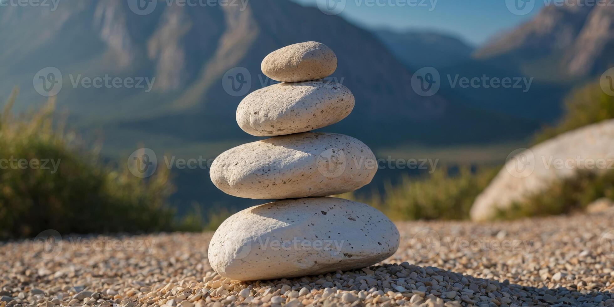Three white rocks are stacked on top of each other on a gravel path. photo