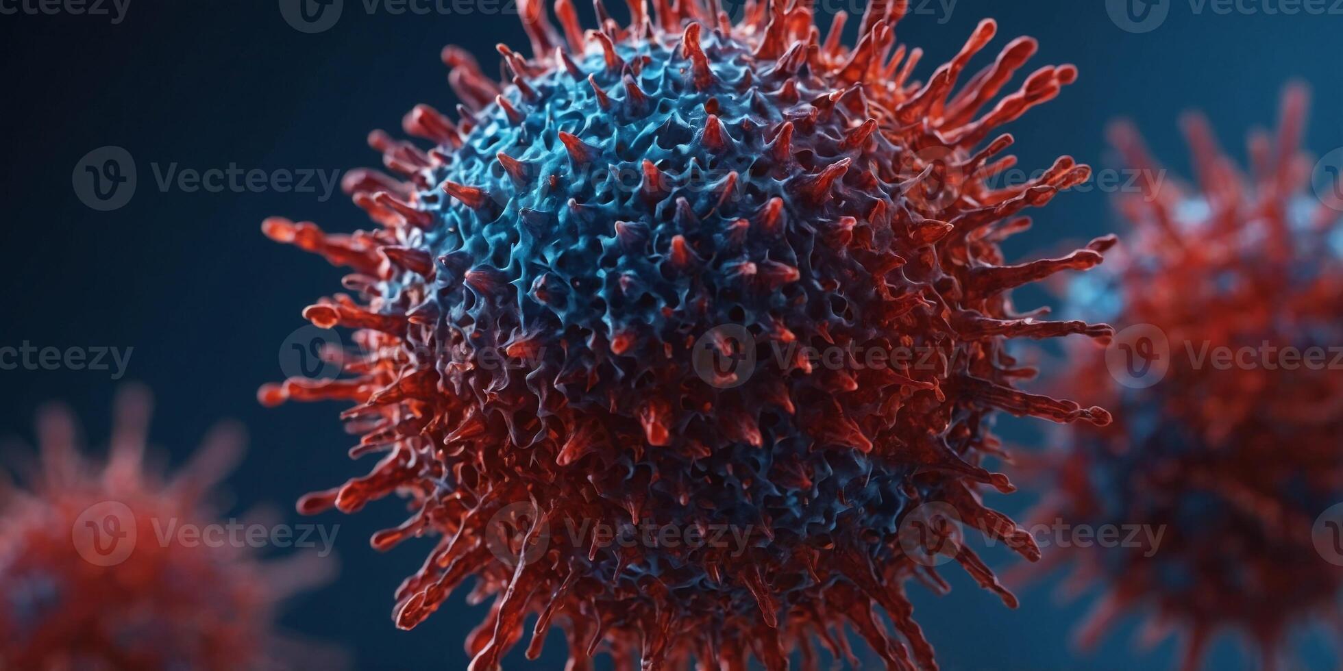 A close up of a virus with a red and blue color scheme. photo