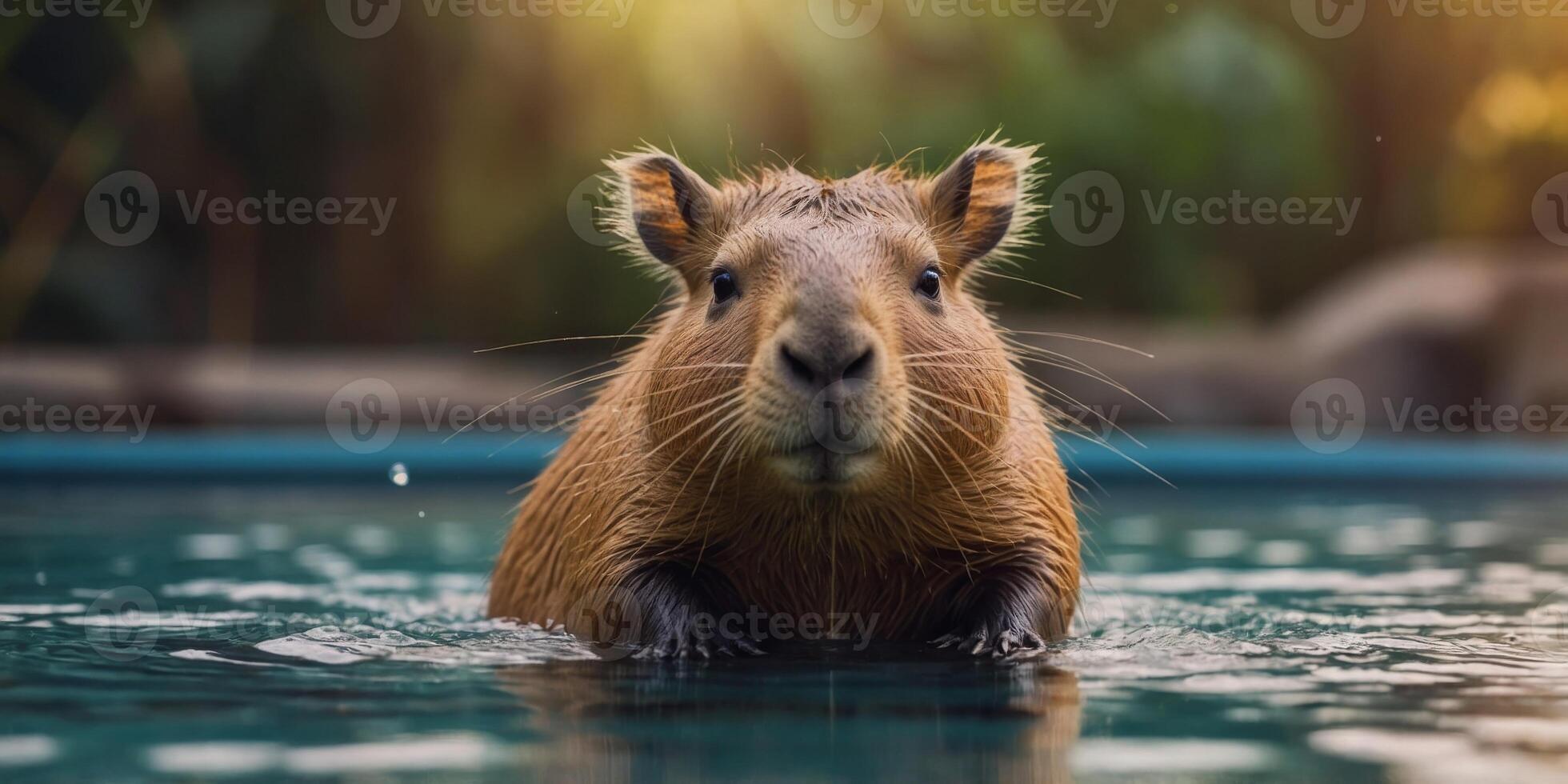 A cute capybara is in a pool with a straw in a cup. photo