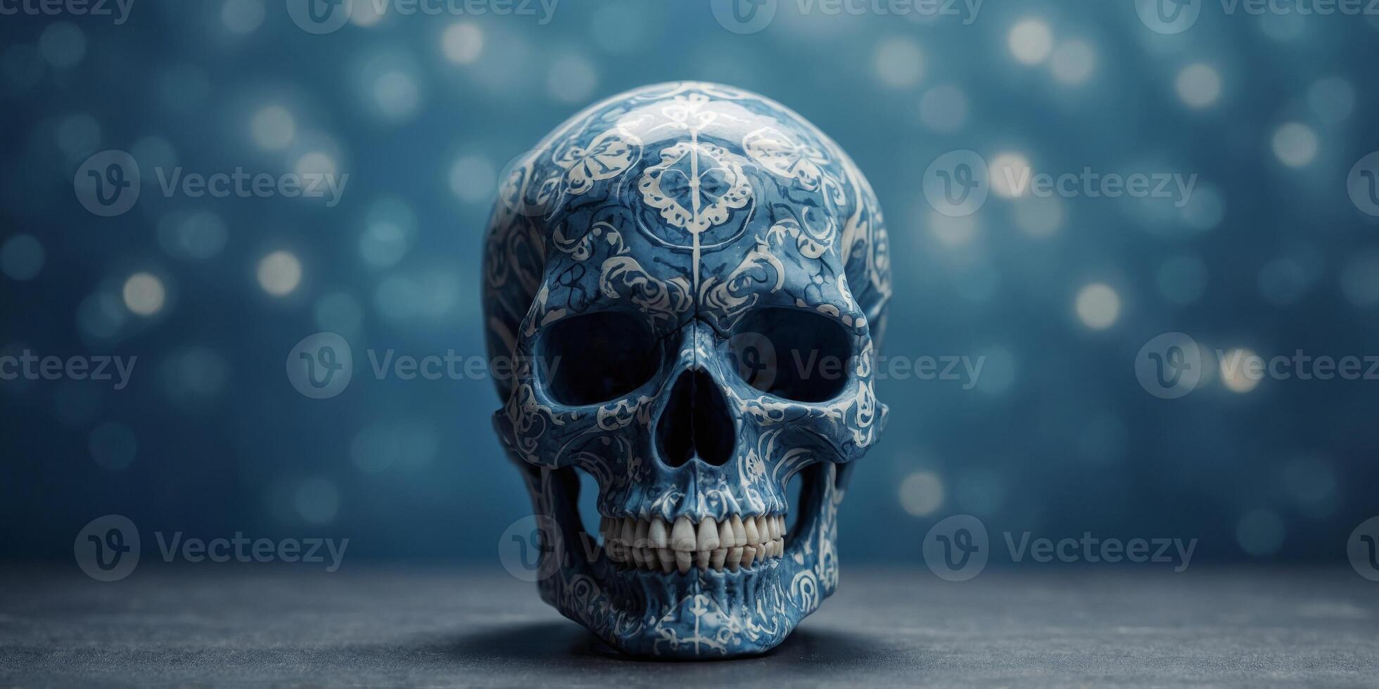 A skull with blue and white designs is on a blue background. photo