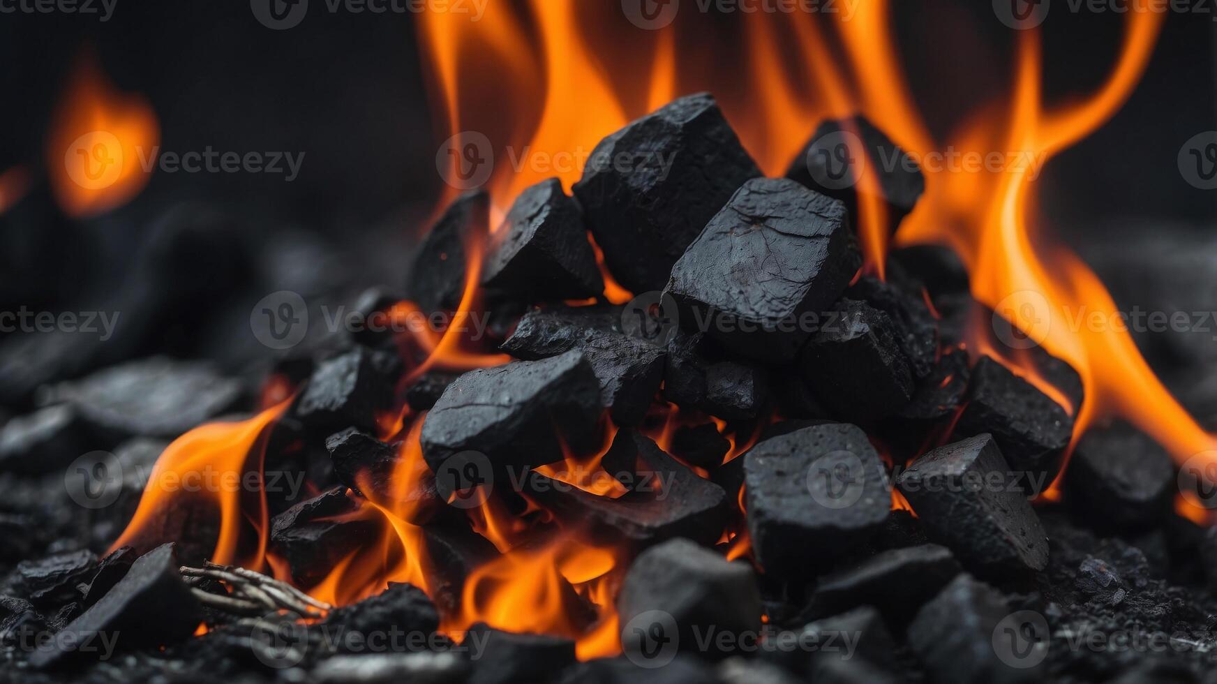 A close up of a fire burning in a pile of charcoal. photo