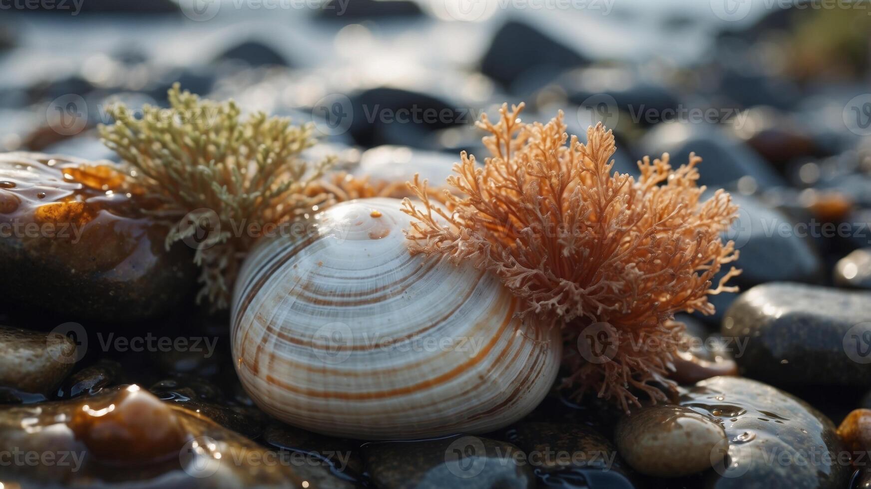 Striped shell and seaweed on wet rocks by shore. photo