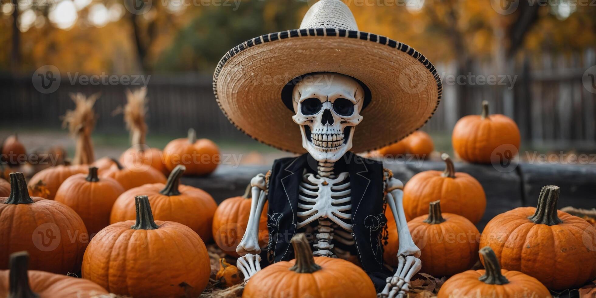 A skeleton wearing a sombrero and smiling with pumpkins in the background. photo